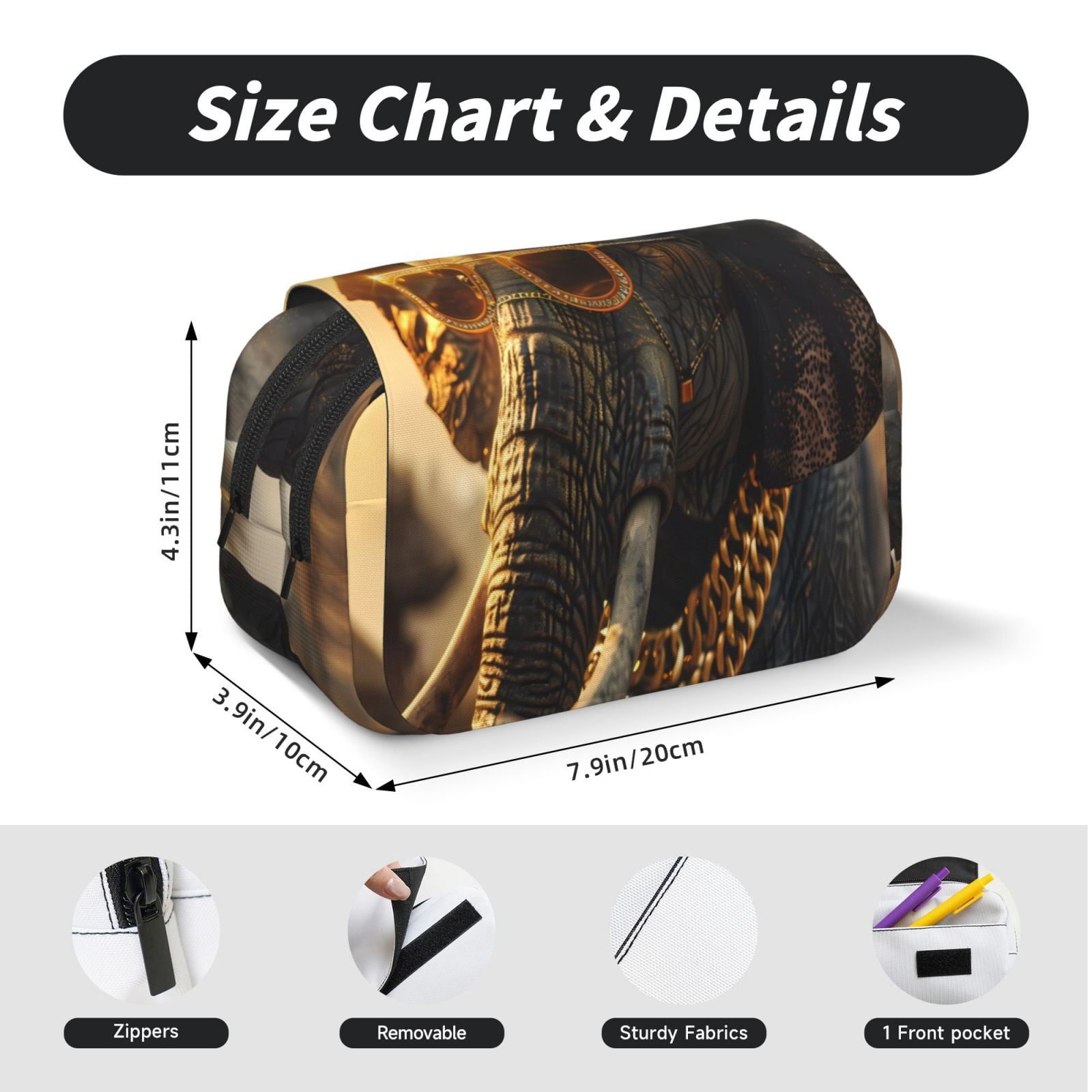 Rateoe Cool Sunglasses Elephant Art Pattern Double Clamshell Pen Case, Storage Organizer with Two Zipper Compartments– Holds Up to 50 Pencils & Pens
