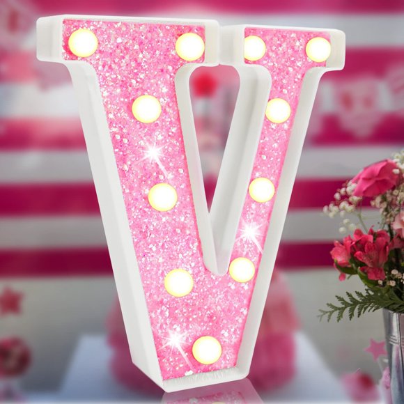 Lámpara LED Elnsivo con purpurina rosa letra V, funciona con pilas