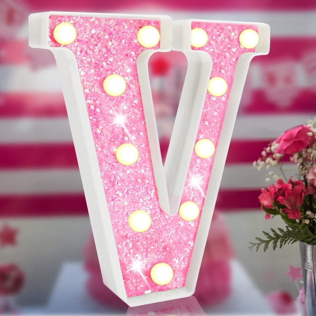 Lámpara LED Elnsivo con purpurina rosa letra V, funciona con pilas