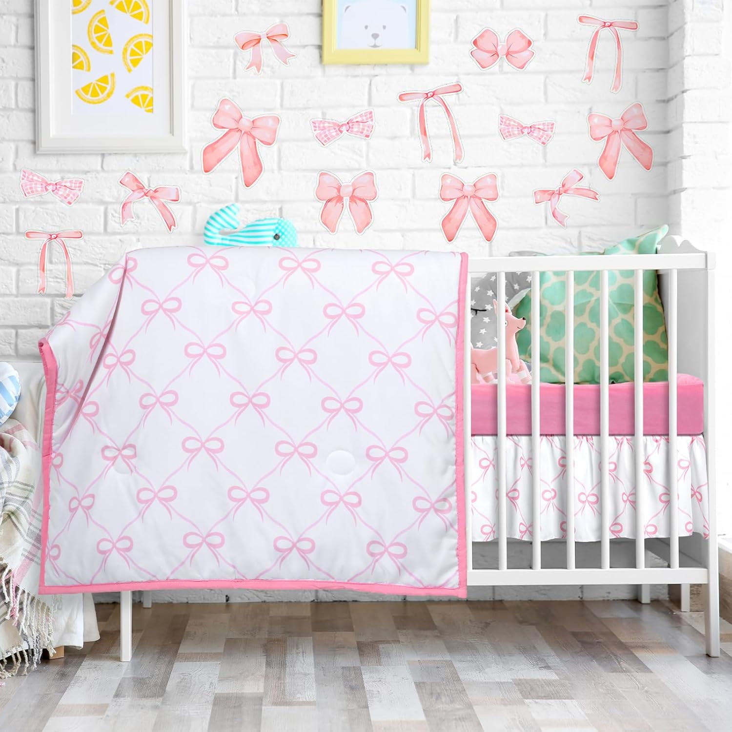 5 Pcs Pink Bow Crib Bedding Set Include Print Crib Sheets Bed Skirt Comforter Pad Cover Wall Stickers for Girls Princess Nursery Room Decoration