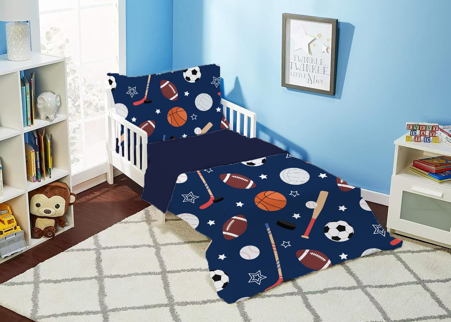 Toddler Bedding Sets for Babys Boys Girls Kids Navy Blue Ball Sports Toddler Crib Comforter Set Flat Sheet Fitted Sheet and Pillowcase 4 Pieces