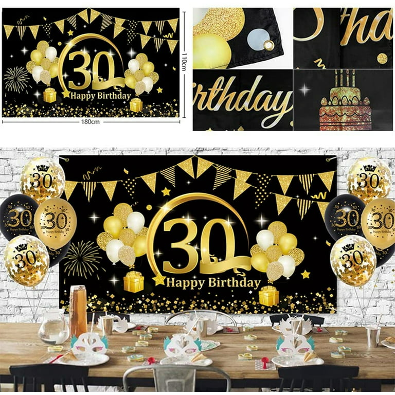 Birthday Party Decorations for Women Men Happy Banner Black and Gold  Backdrop