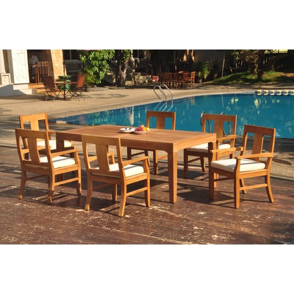 Grade-A Teak Dining Set: 6 Seater 7 Pc: 122" Caranas Double Extension Rectangle Table And 6 Osborne Arm Chairs Outdoor Patio WholesaleTeak #WMDSWVm