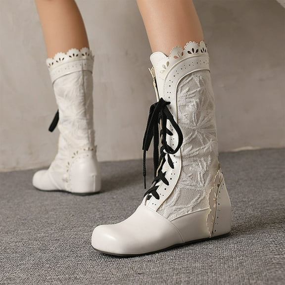 PiGOGI Women's Mid Calf Boots, Lace Up Flat Boots for Women, Round Toe Vintage Style Winter Boots White 43