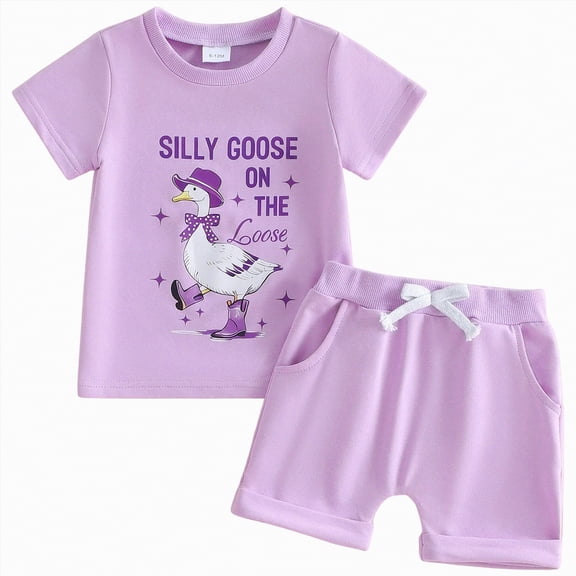 Sgkm Toddler Girl Outfits Goose Letters Print Short Sleeve T Shirt Top Solid Color Shorts Set Summer Lightweight Daily Wear