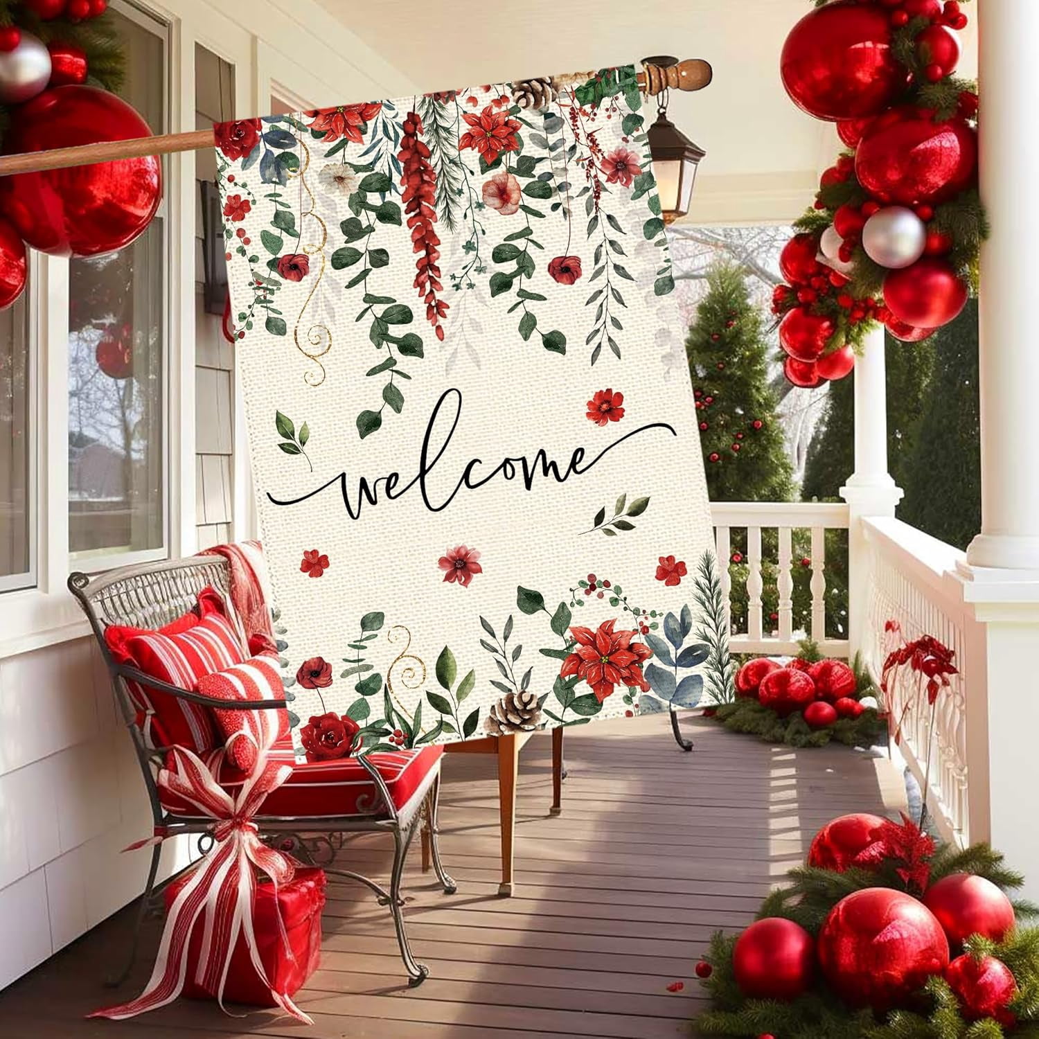 Winter Red Poinsettia Welcome Garden Flag 28x40 Inch Double Sided, Xmas Berry Burlap Large Yard Flag Winter Floral Farmhouse Flags Seasonal Patio Outdoor Outside Decoration