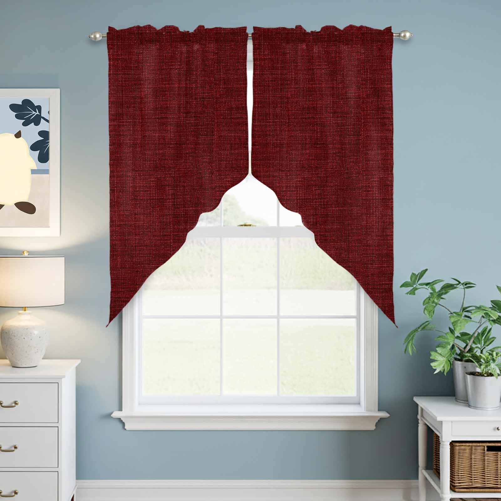 Swag Valance Curtains for Windows, Vintage Dark Red Light Filtering Kitchen Curtains, Farmhouse Retro Solid Color Linen Texture Window Treatment Valances for Living Room, 36x36 - 2 PCS