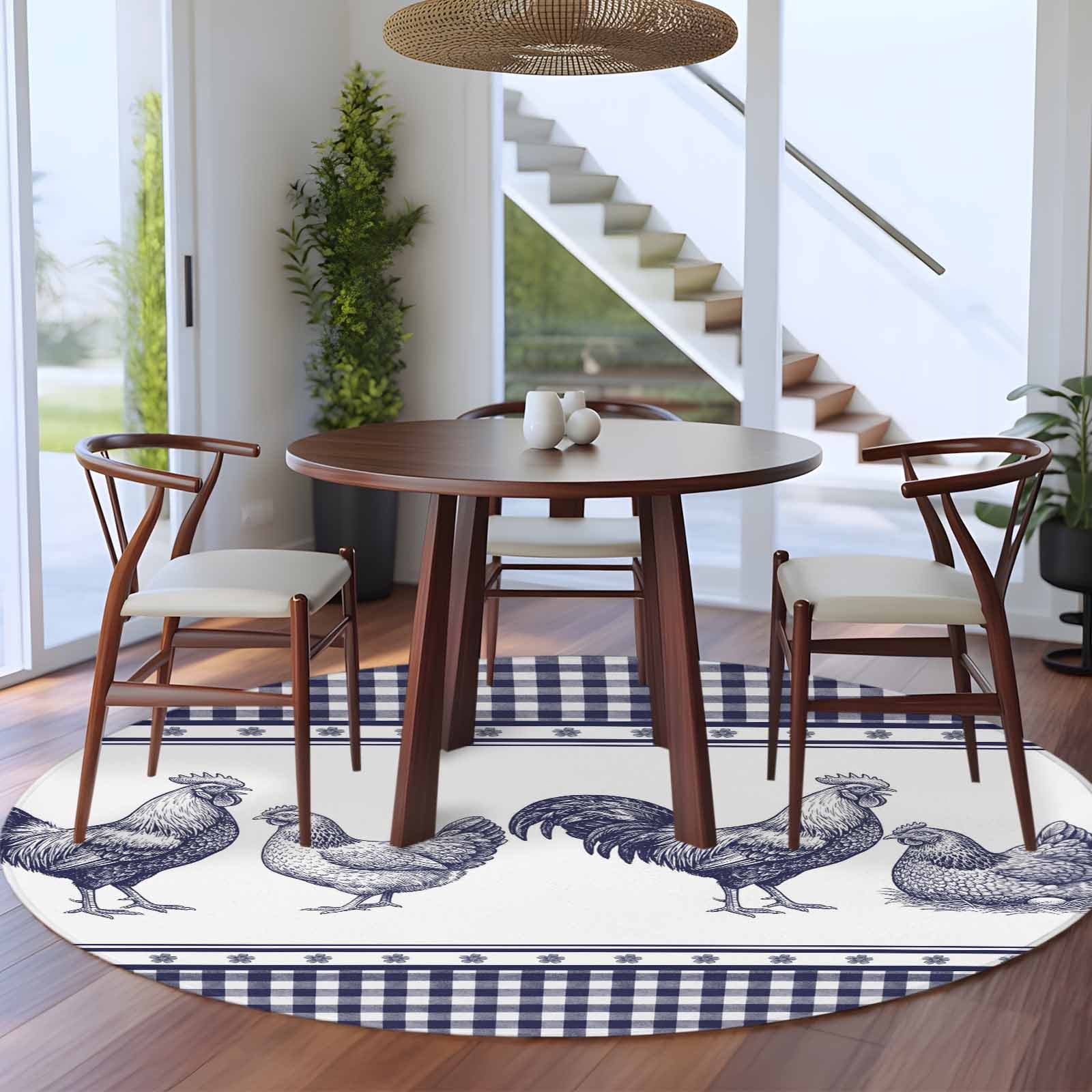Navy Blue Rooster Round Area Rug 5Ft Washable Circle Rugs for Living Room Bedroom, Vintage Farmhouse Blue Plaid Non-Slip Carpet Floor Mats Indoor Outdoor Carpet Runner Aesthetic Home Decor