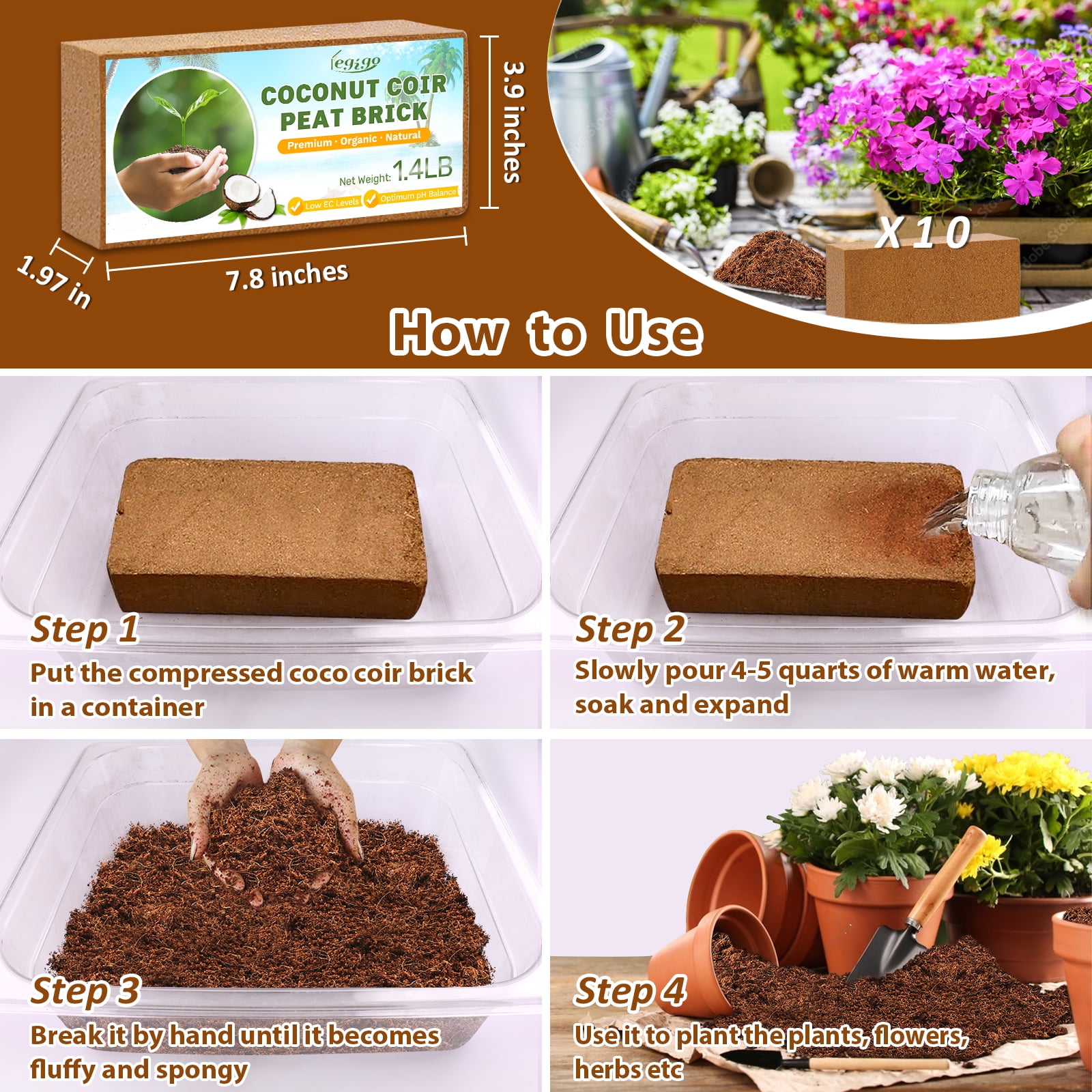 Pack of 10 Organic Coco Coir Bricks- 100% Natural Compressed Coco Peat Brick Coconut Fiber Substrate with Low EC& pH Balance, Coir Plant Soil Enhance Root Growth for Herbs, Flowers, House Plants