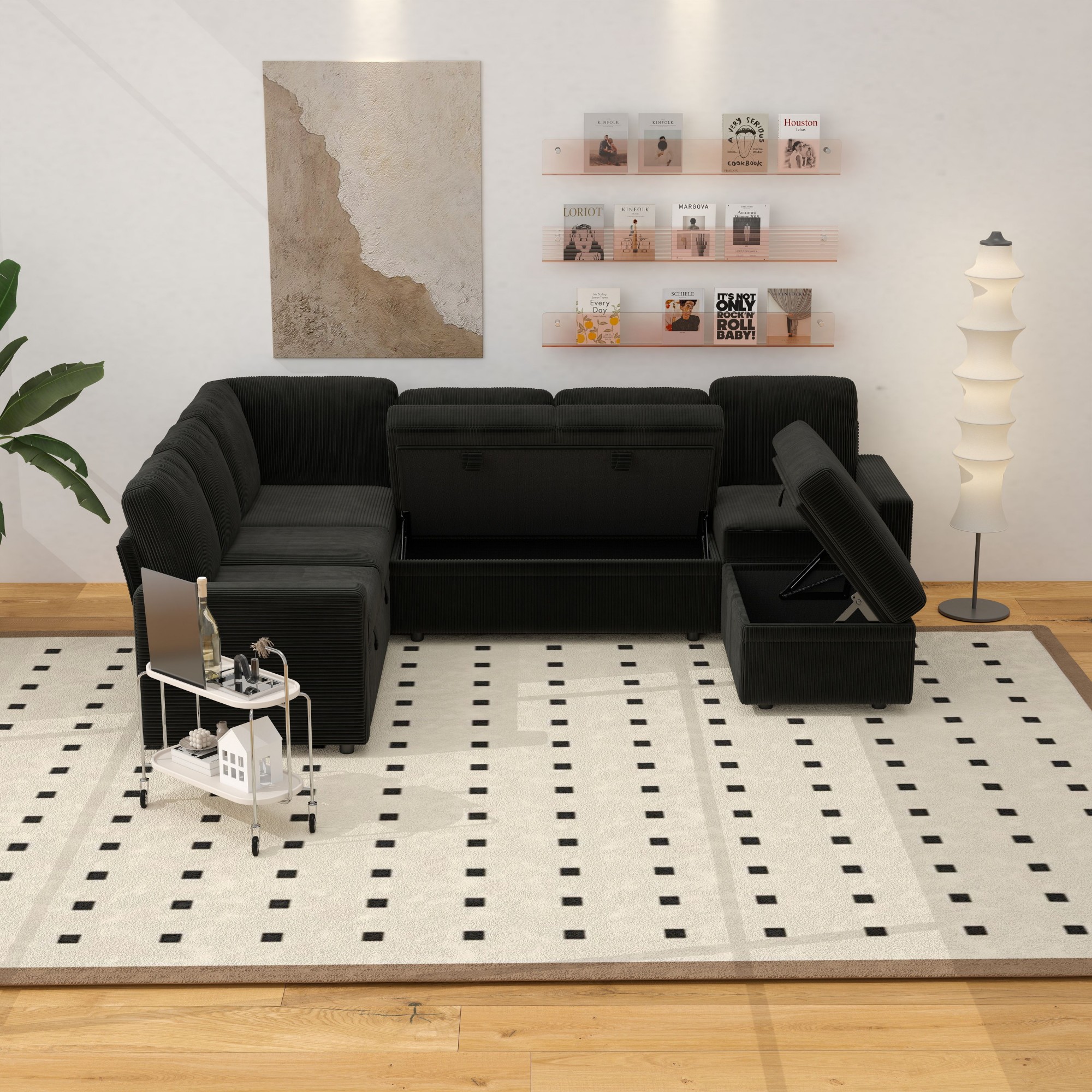 Gewnee 6-Seater Black L-Shaped Convertible Sofa - Soft-Touch Corduroy Fabric,Multifunctional Storage, for Living Rooms & Halls（including 1 footstool）