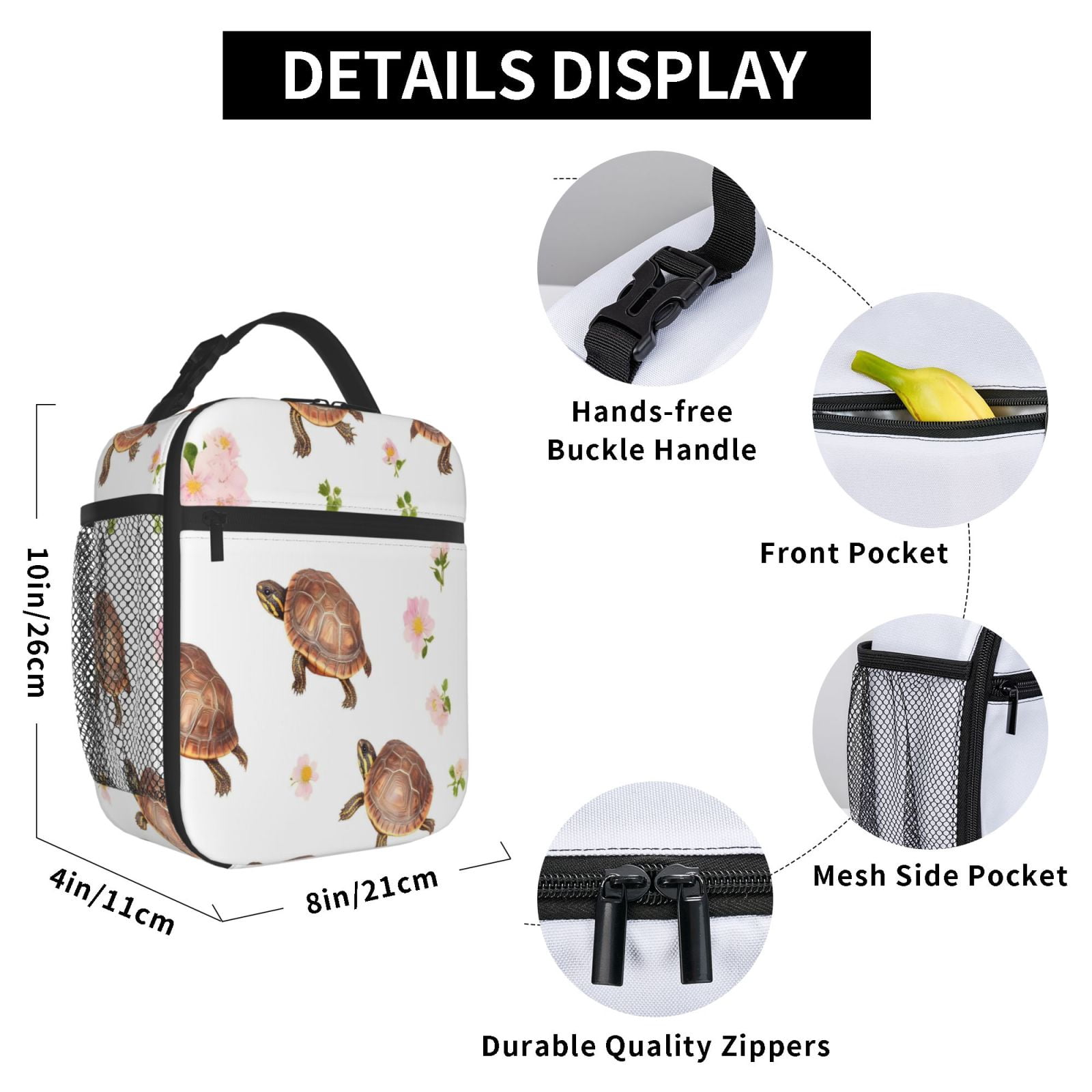 Lunch Bag For Women Men Insulated Portable Lunch Box Bento Box Office Picnic Travel Cooler Bag Pink-Colored Turtle Flower