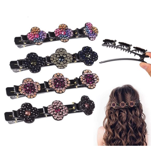 Pinzas para el cabello trenzadas con piedra de cristal brillante, bandas para el cabello de tela satinada, horquilla picada con trébol de cuatro hojas, pinza para el cabello trenzada con 3 clips peque