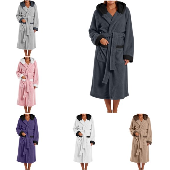 FAHUOMU Plush Hooded Robes For Women Cozy Warm Fleece Bath Robe With Pockets Winter Loose Fit Loungewear