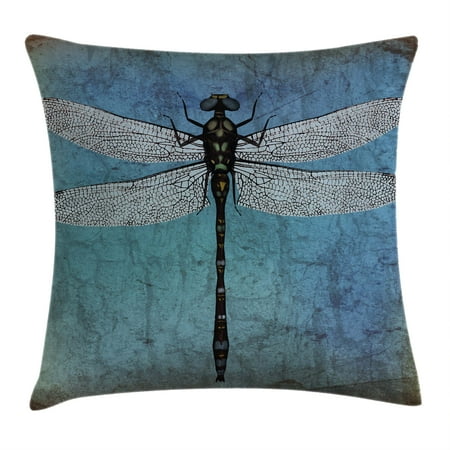 Dragonfly Throw Pillow - Dragonfly Throw Pillow Cushion Cover, Grunge Vintage Old Backdrop and Dragonfly Bug Ombre Image, Decorative Square Accent Pillow Case, 18 X 18 Inches, Dark Blue Turquoise and Black, by Ambesonne