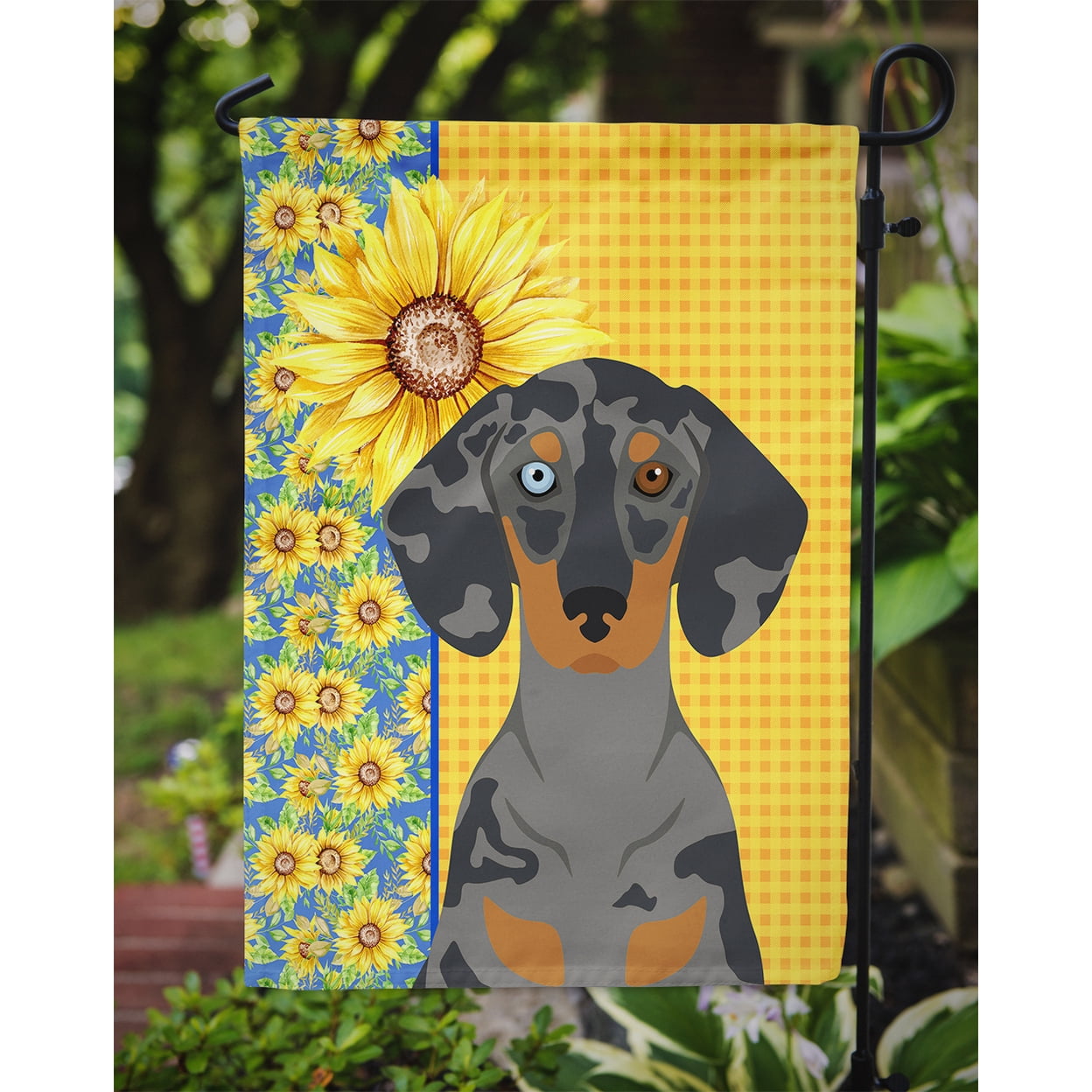 Summer Sunflowers Black Dapple Dachshund Flag Garden Size 11.25 in x 15.5 in