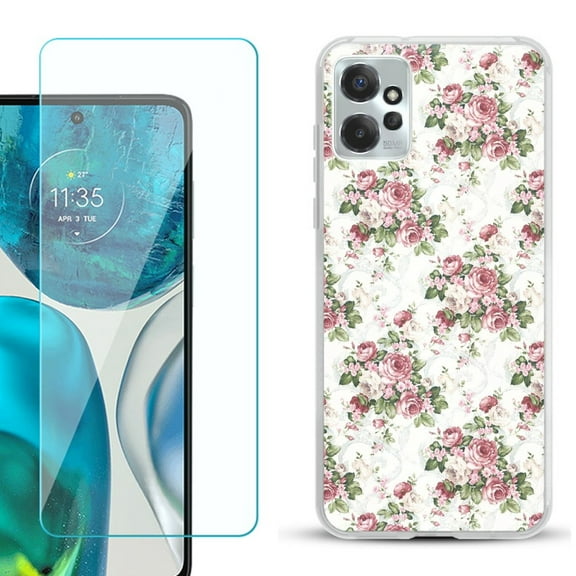 OneToughShield ® for Motorola Moto G Power 5G 2023 Shockproof Fashion Phone Case, with Tempered Glass Screen Protector - Floral/Rose