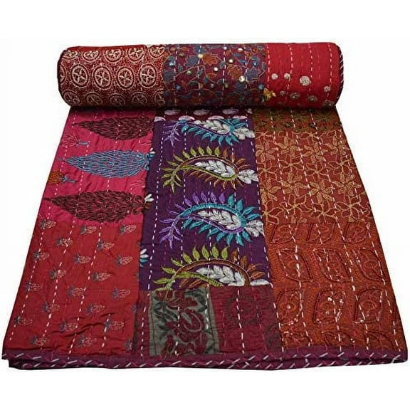 IndIan Handmade Patchwork Kantha Quilt Green Color Quilt Queen Size Kantha Bedspread Kantha Throw Embrodery Patchqwork Quilt