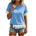 thumbnail image 4 of Admvng Women's T-Shirt Crew Neck Fringe Trim Short Sleeve Solid Casual Summer Tops, 4 of 7
