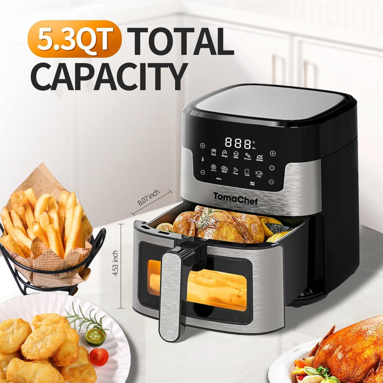 Air Fryer 10-in-1, 5.3QT Compact Oil Free Cooker with Visible Window, Healthy Cooking, Digital Control for Family