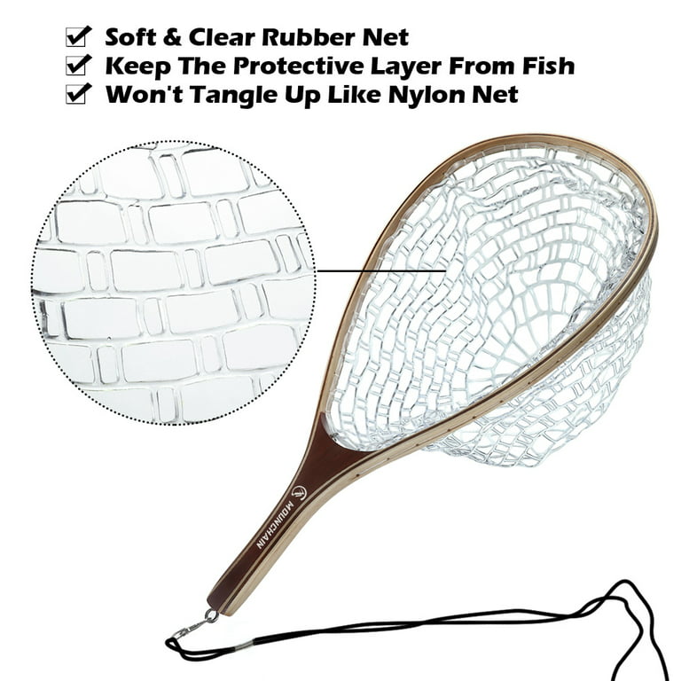Mounchain Fly Fishing Landing Net Trout Bass Rubber Catch and Release Fish Net with Wooden Handle Frame