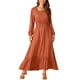 thumbnail image 2 of Vestido largo A-Line de mujer bohemio de manga larga con escote cuadrado, cintura alta elástica y bolsillos en color rojo ladrillo, 2 of 5