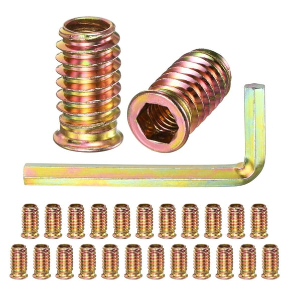 25-Pack Threaded Inserts for Wood, 5/16-18 x 25mm Hex Drive Threaded Insert Nuts with a Wrench for Wood Furniture [Gold Tone]