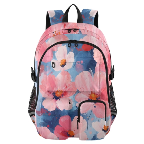 DIXRUYEE Blue Pink Splash Flower Pattern Backpack for School 14”Laptop Compatible with Reflective Safety Strips