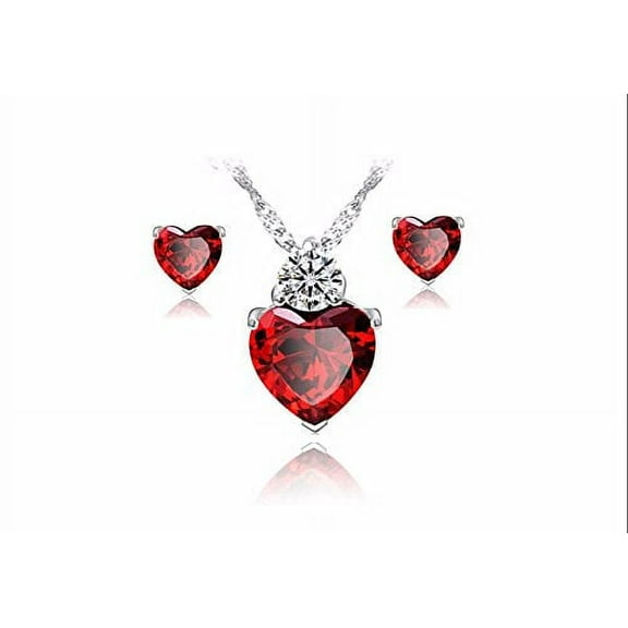 Ruby Heart Earrings and Necklace Jewelry Set
