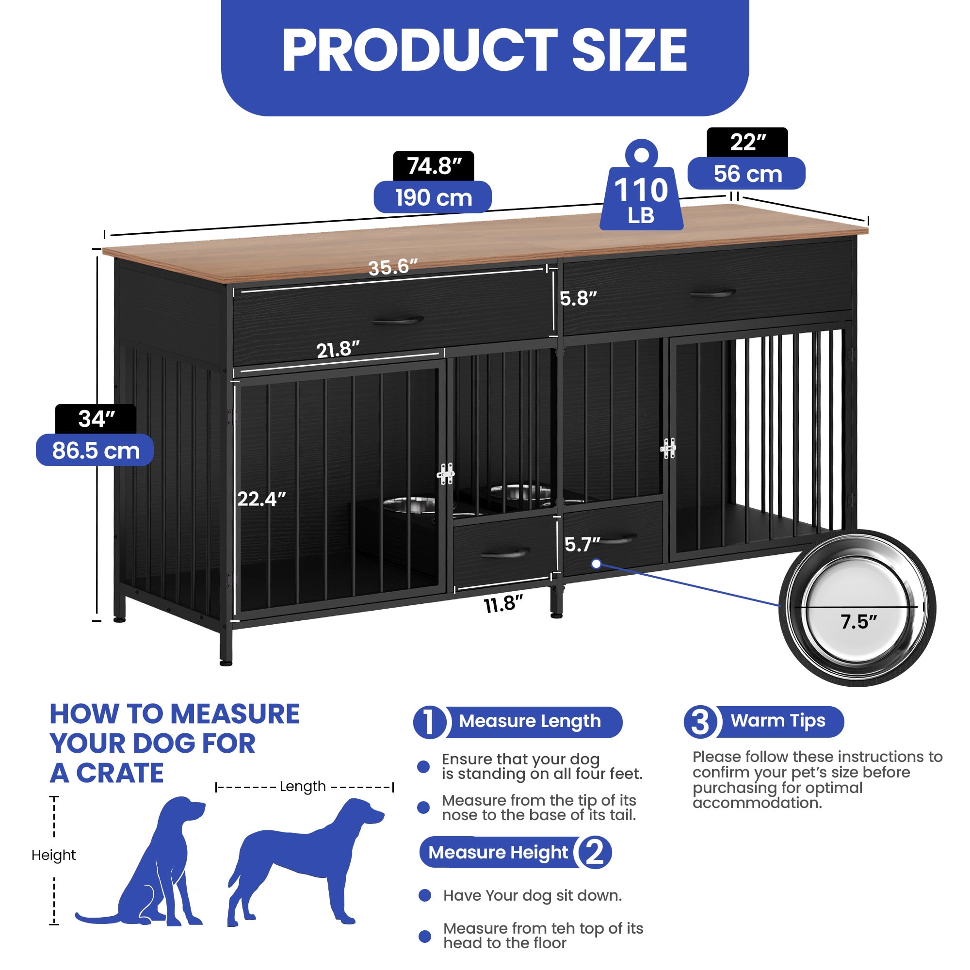 ModFusion 74" Black Double Dog Crate Furniture with 2 Drawers – Heavy-Duty Wood Pet Kennel & TV Stand for 2 Dogs, Lockable Doors, Modern Design