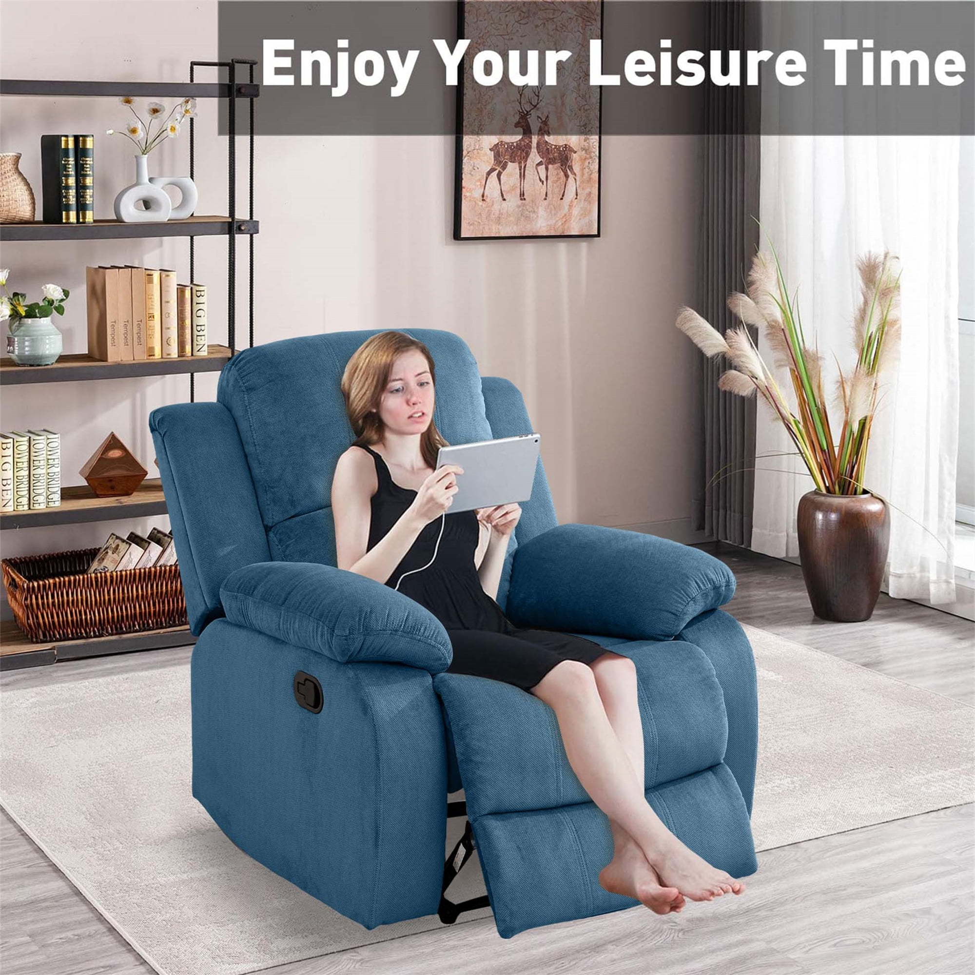 Aukfa Fabric Recliner Chair Overstuffed Adjustable Armchair for Living Room Bedroom, Blue