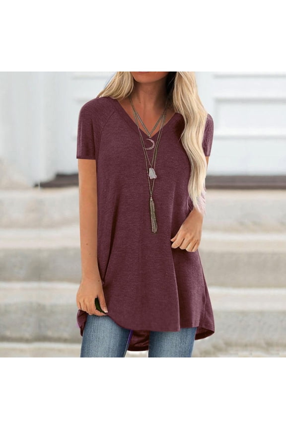 Tunics for Women to Wear with Leggings, Casual Loose Fit V Neck Short/Long Sleeves T Shirt maroon L(L)
