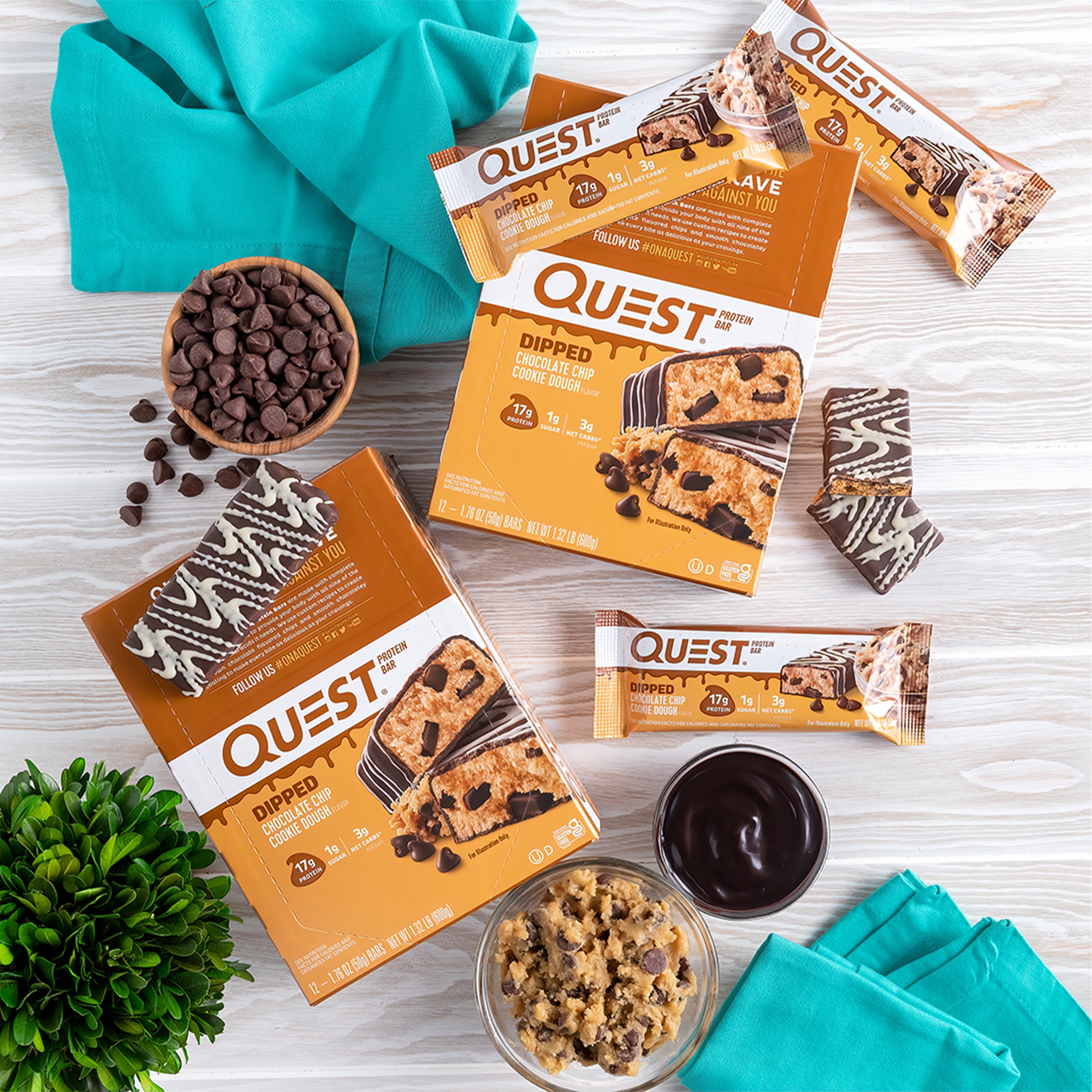 Quest Dipped Protein Bar, Chocolate Chip Cookie Dough, 18g Protein, Gluten Free, 12 Count
