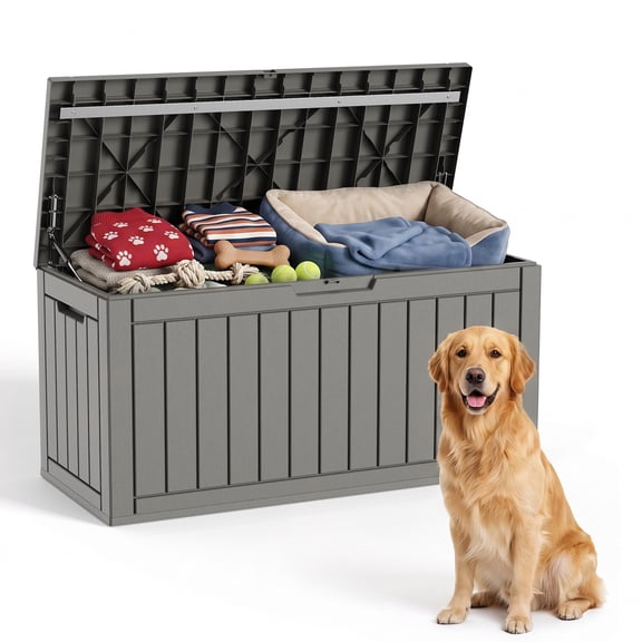 PLAYRANK 90 Gallon Resin Outdoor Deck Box, Weather Resistant Patio Storage Box for Garden Tools, Cushions, Toys, Lockable Large Outside Storage Container, Grey.