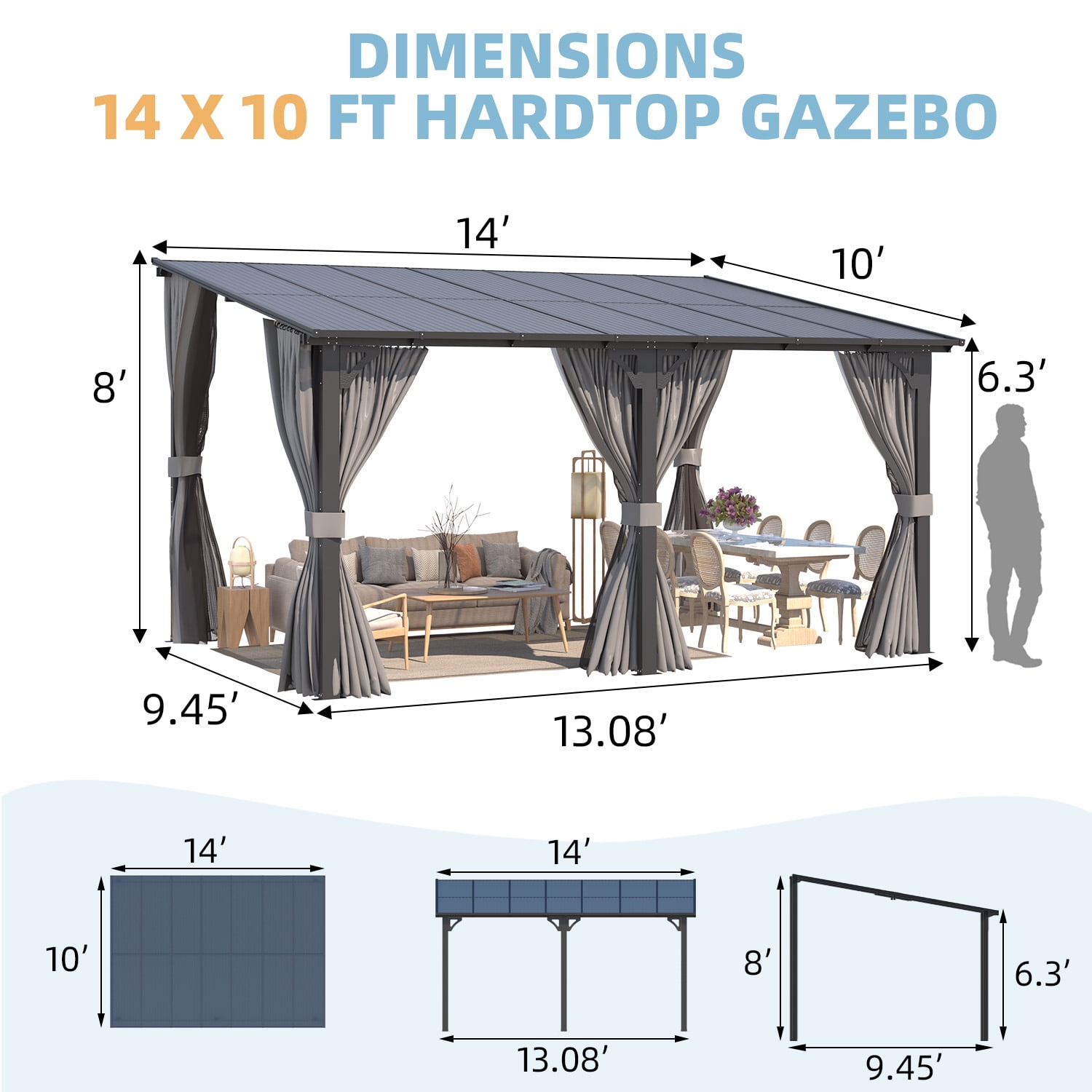 AECOJOY 14' x 10' Lean to Gazebo with Netting and Curtain Outdoor Hardtop Gazebo Aluminum Metal Pergola ​For Garden, Patio, Backyard-​Dark ​Gray