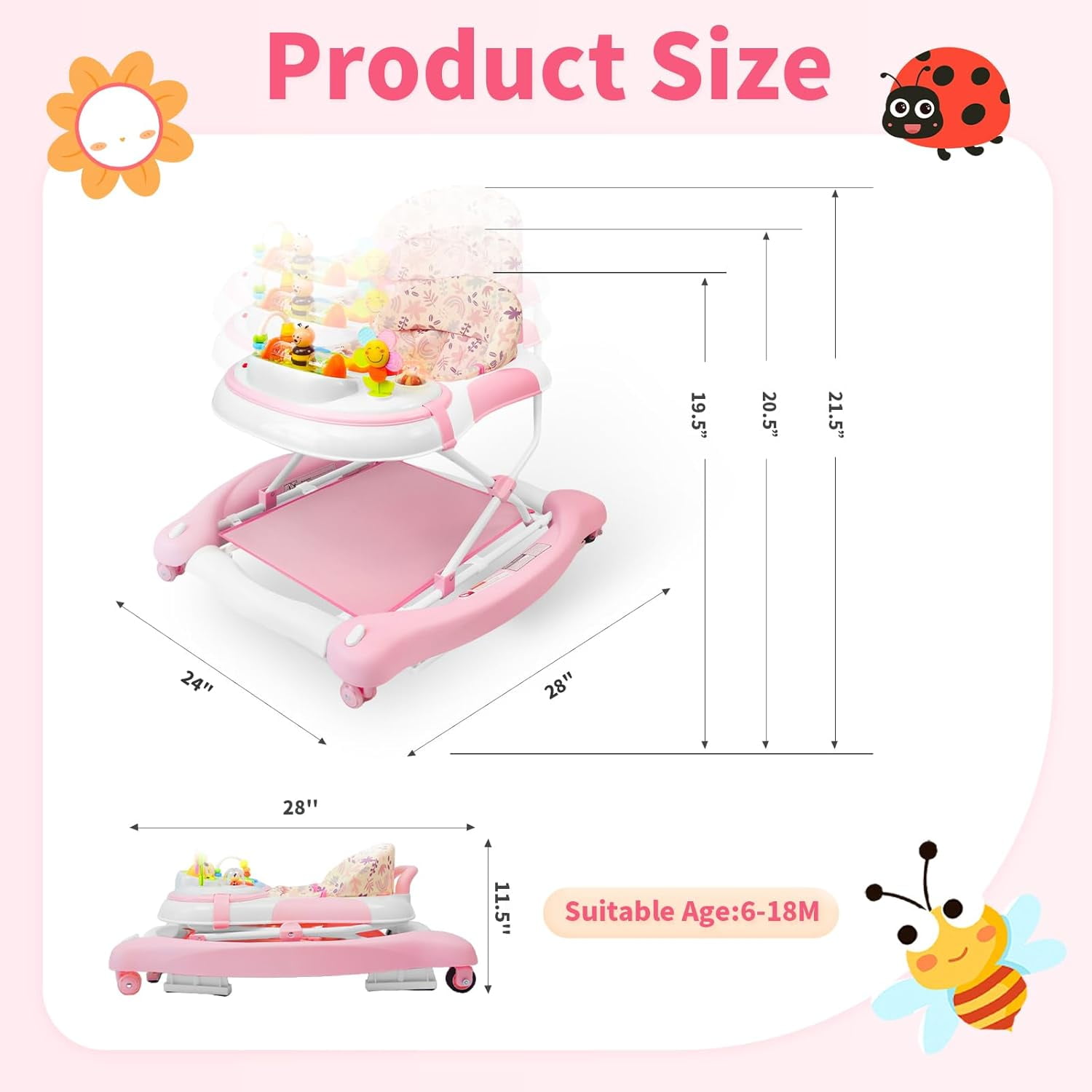 5 in 1 Baby Walker (Walk,Jumper,Rocking,Push,Eating Mode) for Boys Girls,Foldable,Music & Light,Height Adjustable,Wheel for Infant Babies,Pink Flower