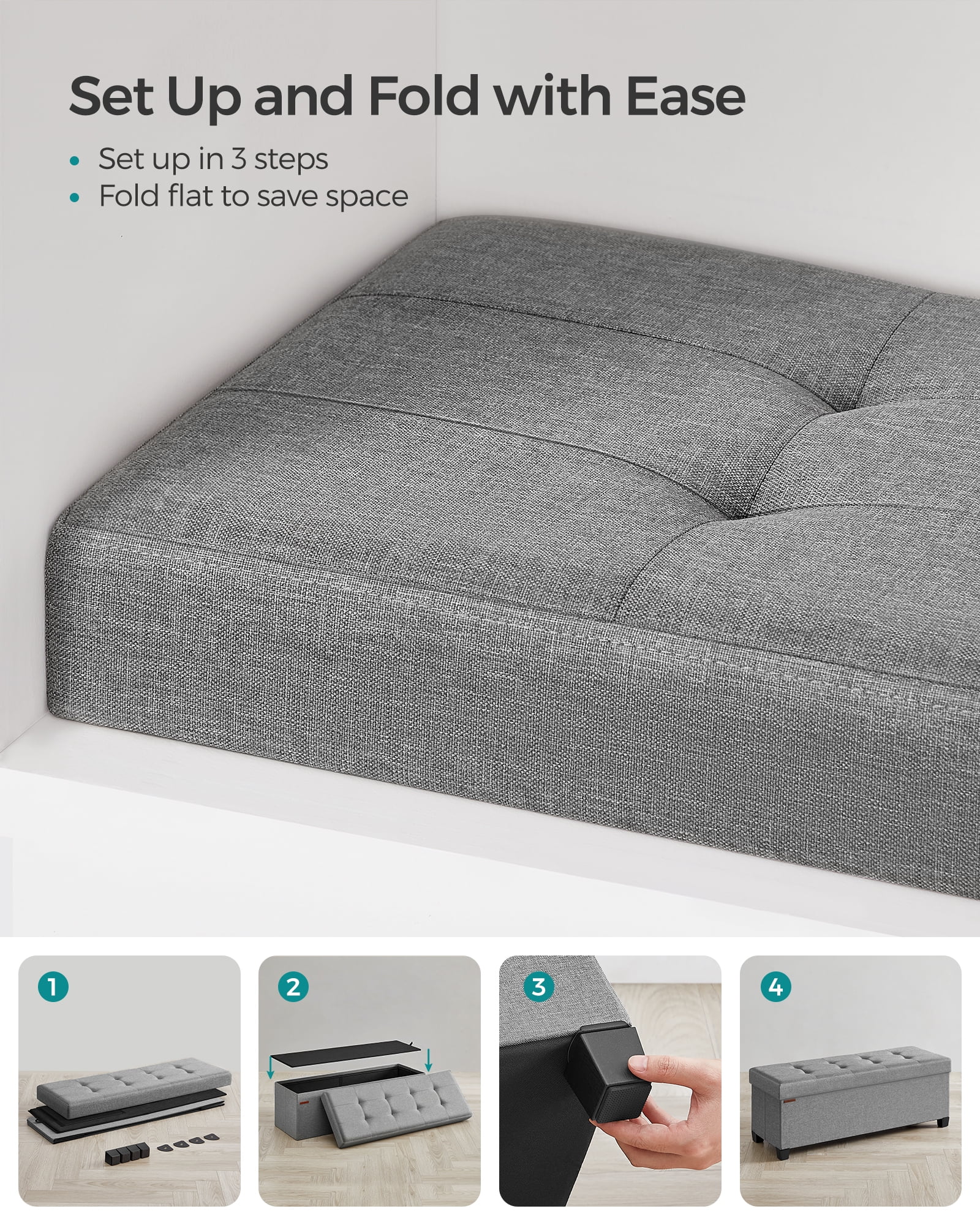 SONGMICS 43.3" Storage Ottoman Bench Ottoman with Storage Coffee Table Holds Up to 660 lb for Living Room Dove Gray