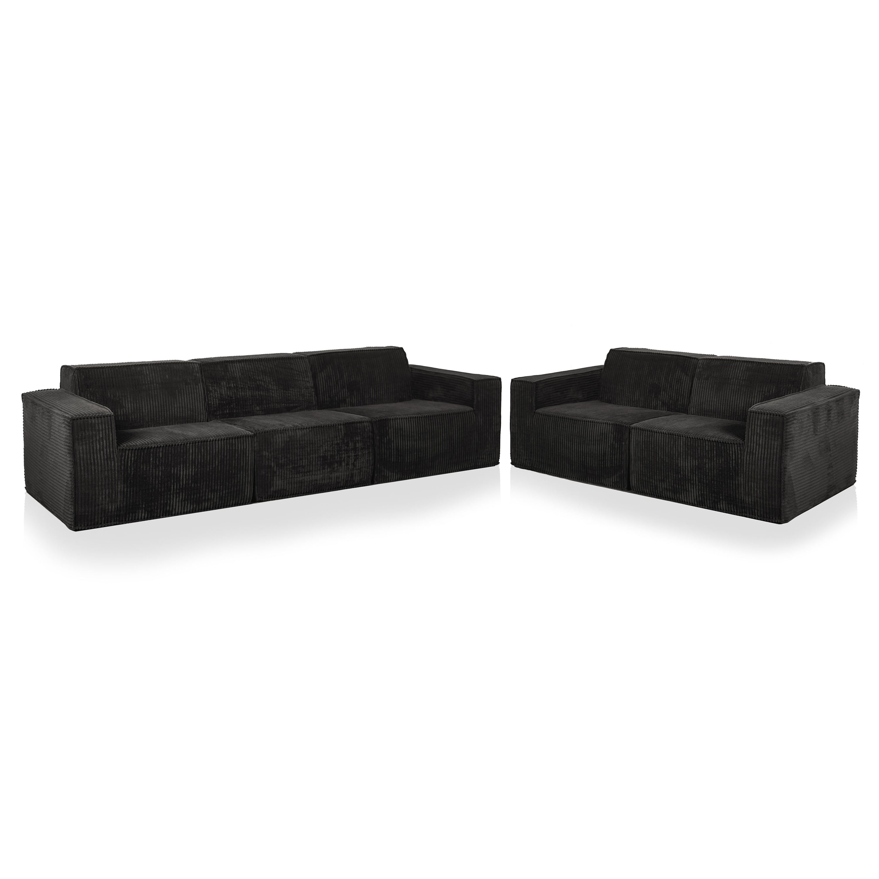 Furniture of America Solan Modern Chenille Modular Wide Track Arms 2-Piece Sofa Set with Sofa and Loveseat Black