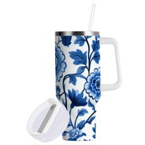 Yayeee 40oz Double-Wall Insulated Stainless Steel Tumbler with Handle Bottle, Blue Floral Pattern