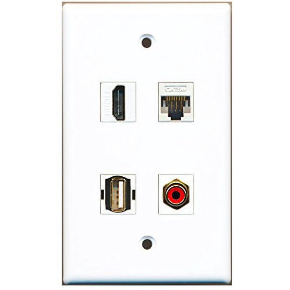 RiteAV - 1 Port HDMI 1 Port RCA Red 1 Port USB A-A 1 Port Cat5e Ethernet White Wall Plate