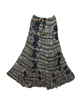 Mogul Women's A-Line Skirt Printed Cotton Flare Long Retro Skirts