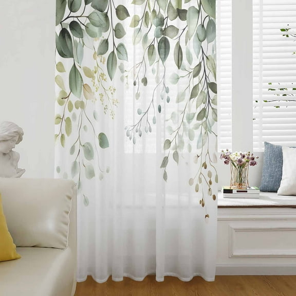 Eucalyptus Leaf Semi Sheer Curtains Drapes for Living Room, Bedroom, French Doors Window 96 Inches Long, Weeping Green Botanical Summer Rod Pocket Chiffon Curtain Drapery Voile Draperies Panel