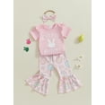thumbnail image 4 of Baby Toddler Girl Easter Outfits 3 6 12 18 Months Letter Rabbit Print Short Sleeve Romper Flare Pants Headband 3Pcs Clothes Set, 4 of 9