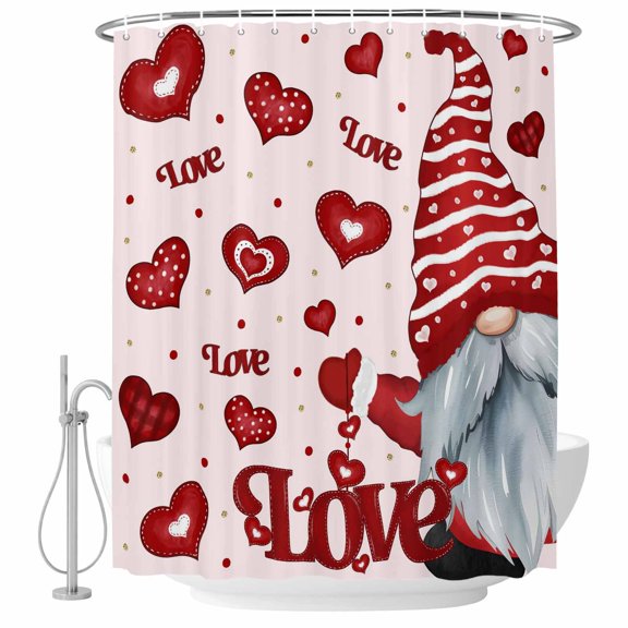 Pink Valentines Gnomes Shower Curtain Set - Extra Long 72" x 96" Washable Bathtub Curtain with 12 Hooks, Love Heart Red Waterproof Fabric Stall Shower Curtains for Bathroom/Bathtub Décor