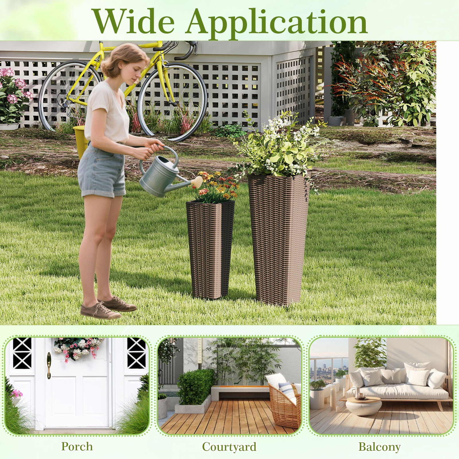 Patiojoy Set of 2 Planters for Outdoor Plants Tall Tapered Plants w/Inner Trays Drainage Holes Coffee