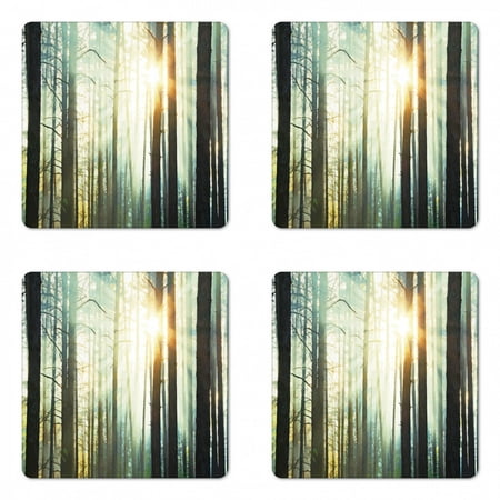 

Nature Coaster Set of 4 Mist in the Enchanted Forest with Sunbeams Painting Effect Digital Art Image Square Hardboard Gloss Coasters Standard Size Seafoam Dark Brown by Ambesonne