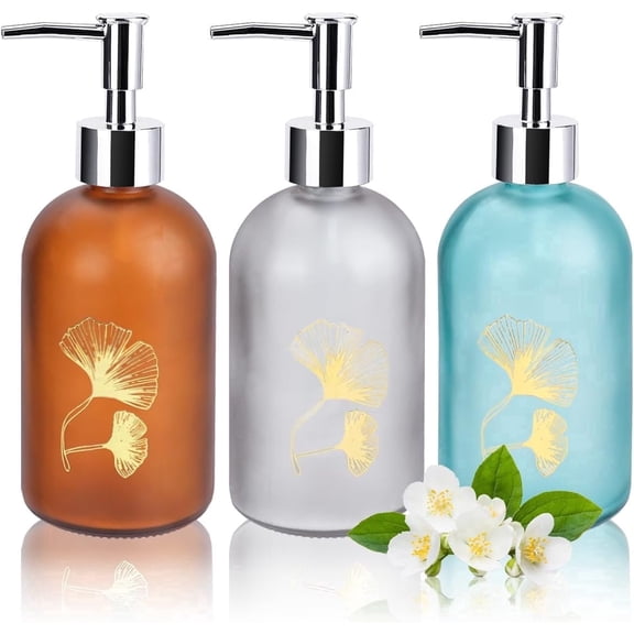 IBEQUEM 3 Pcs Glass Soap Dispenser Set, 14 oz Soap Dispenser with Rustproof Plastic Pump, Refillable Glass Bottles for Hand Soap, Soap, Lotion