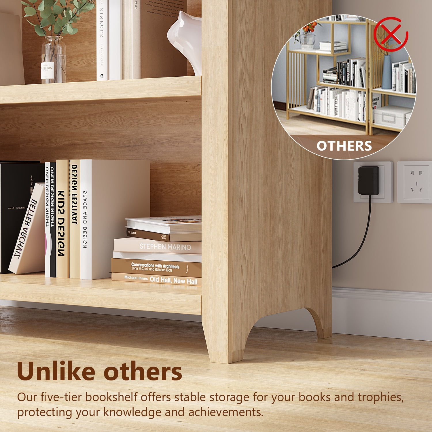 VKCC 68.9" Arched LED Bookcase with 5 Shelves, Modern Bookshelf for Living Room Office, Wood