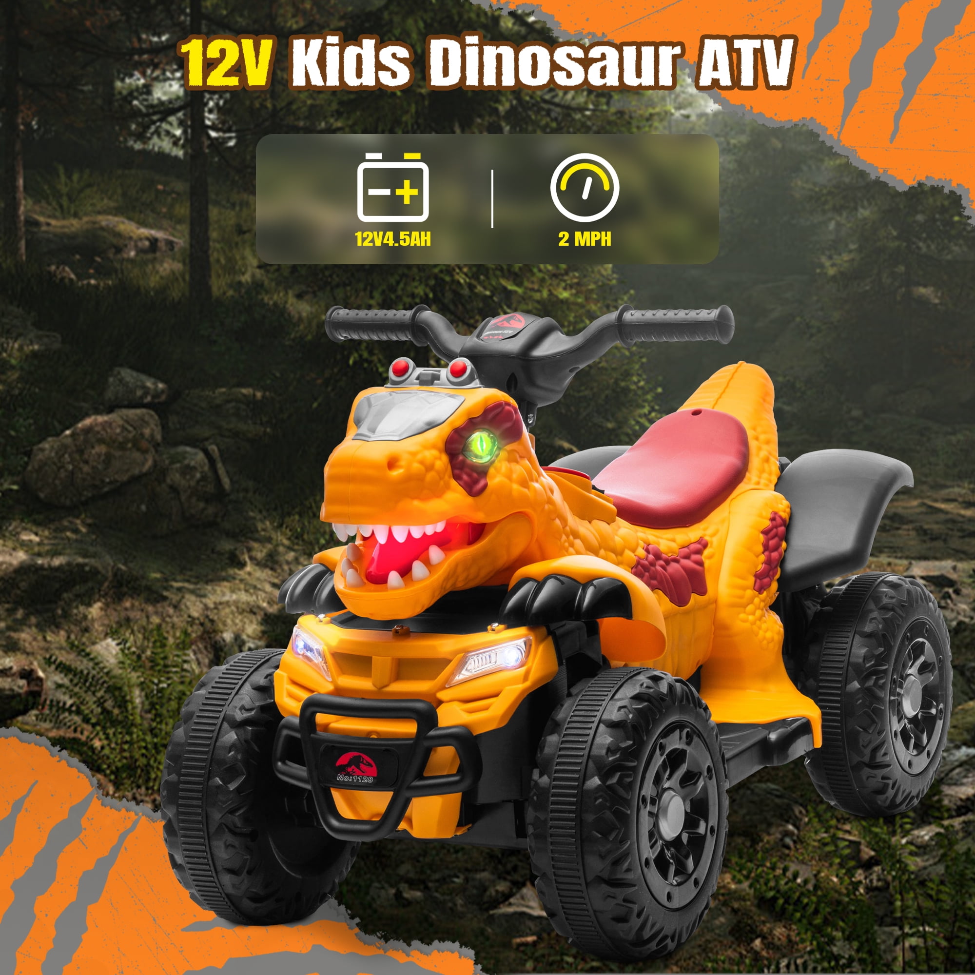 SUSIELADY 12V Kids Dinosaur Ride on ATV, Quad 4 Wheeler Dinosaur Design, Electric Ride on Toy, Music Early Education Function, Power Display, Safe Driving, Outdoor Toy for Boys Girls Aged 2-6, Yellow