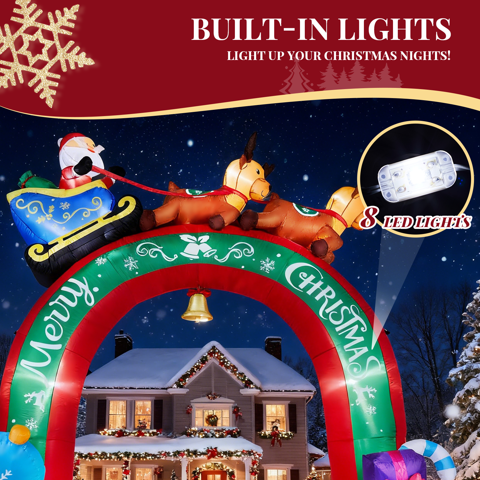 Astoutdoor 10 ft Lighted Christmas Inflatable Archway with Reindeer Pulling Santa's Sleigh, Blow Up Yard Decoration with Built-in LED Lights