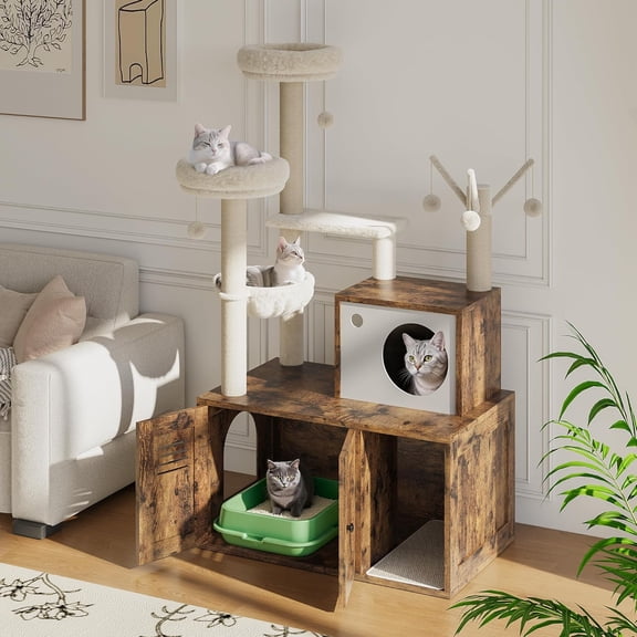 Large Cat Tree with Litter Box Enclosure,3-in-1 Cat Tower, Hidden Pet Washroom Litter Box Furniture,Wooden Multi-Level Cat Condo Furniture with Sisal Scratching Posts,Soft Plush Perch, Hammock